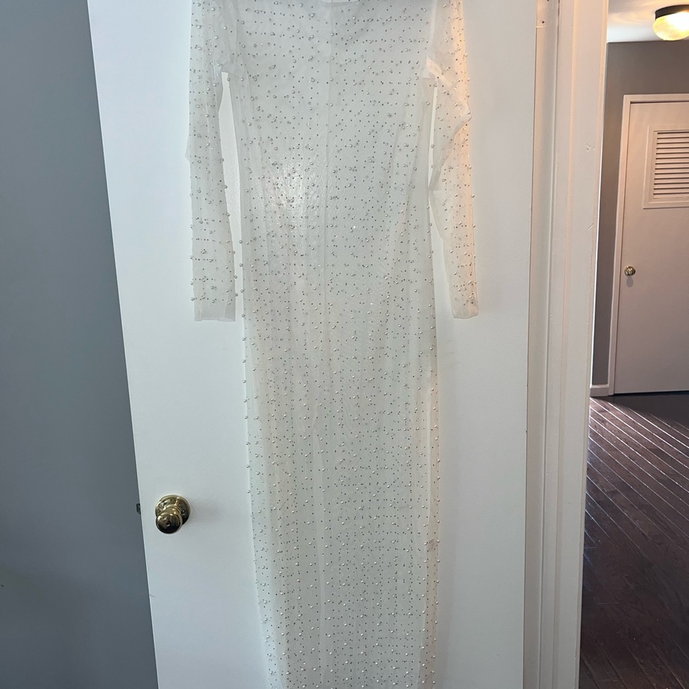 Sheer long sleeve mesh white pearl and rhinestone coverup for bride